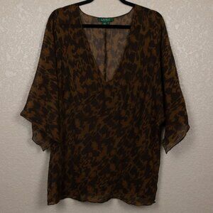 Lauren Ralph Lauren sheer brown ikat print silk/cotton blend top-2X